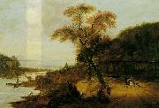 Jacob van der Does Landscape along a river with horsemen, possibly the Rhine. oil